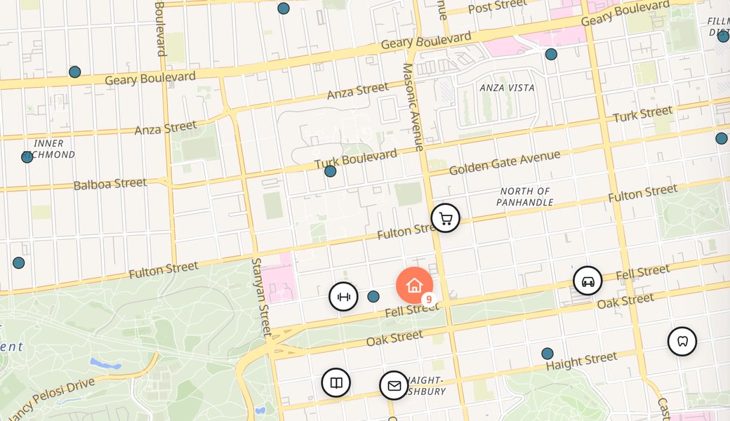 Your move on the San Francisco map: new home plus the DMV, post office, library and shops nearest to it