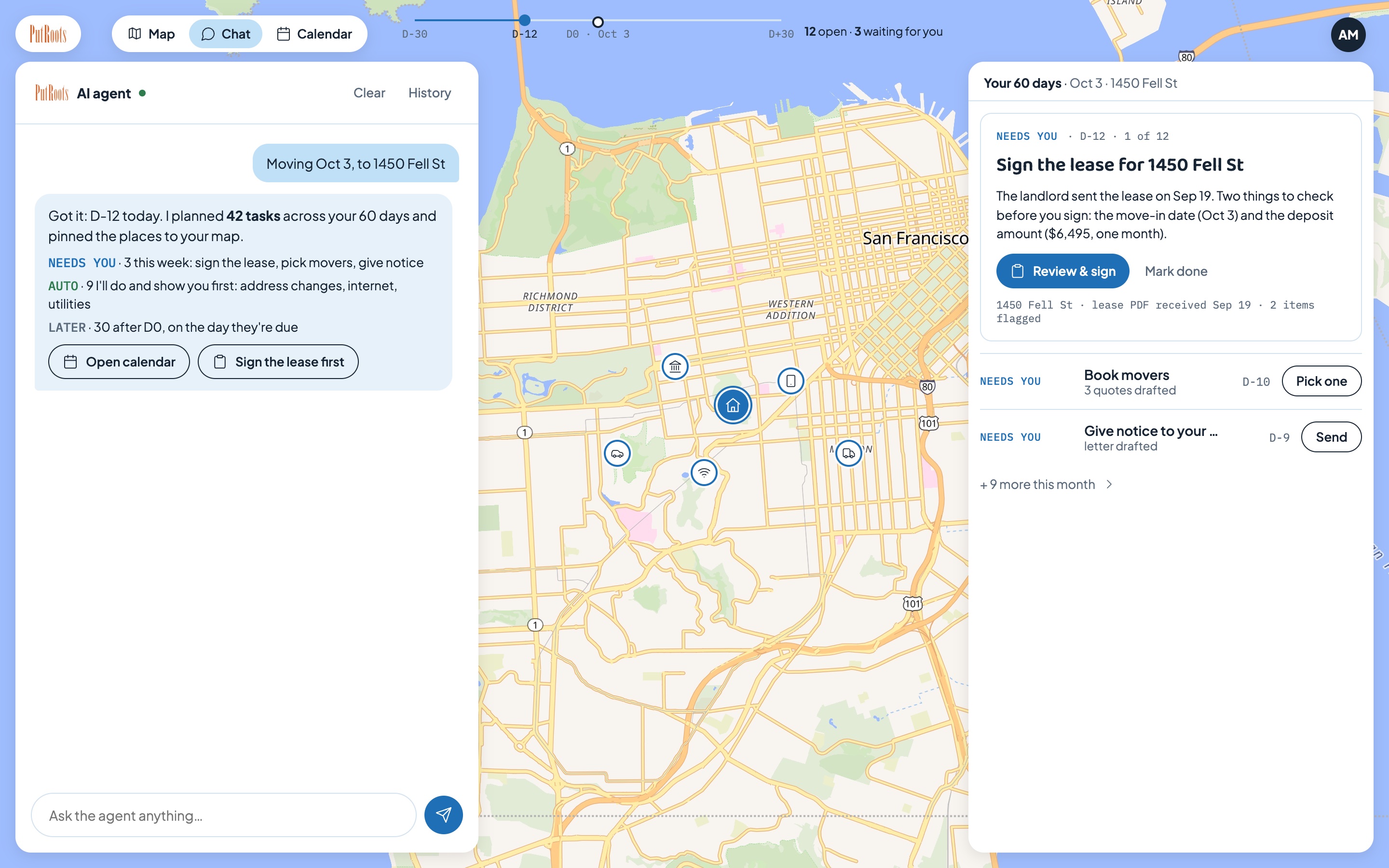 PutRoots after one sentence: the chat lists 42 planned tasks, the map shows the new home with bank, phone, DMV, movers and internet pinned around it, and the right rail shows the first task to sign